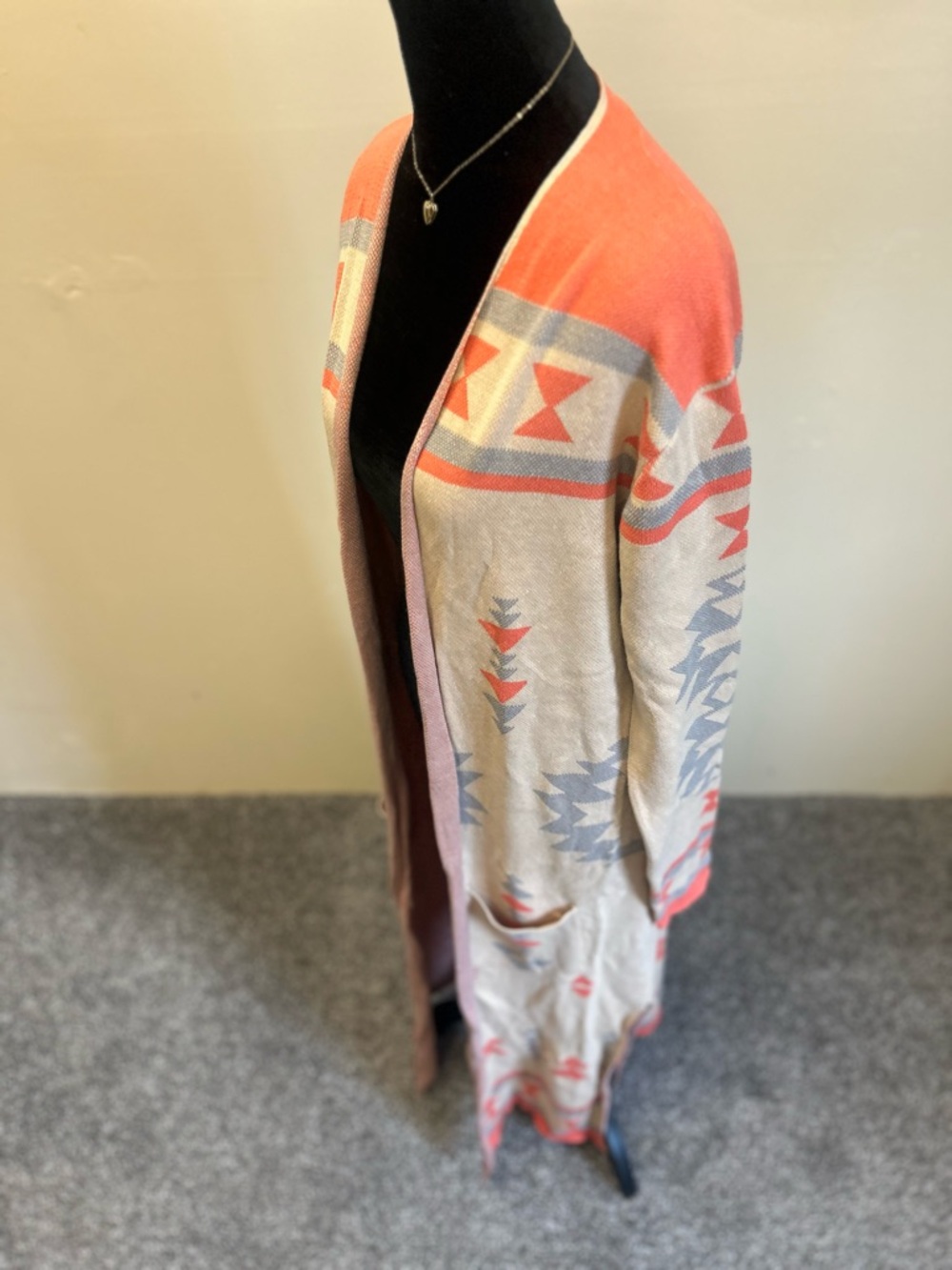 Open-Front Aztec Long Cardigan Sweater - Coral & Beige - Picture 6 of 7